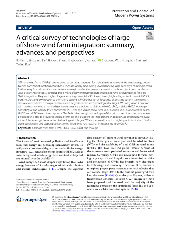 (PDF) A critical survey of technologies of large offshore wind farm ...