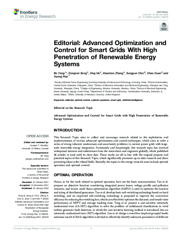(PDF) Editorial: Advanced Optimization and Control for Smart Grids With ...