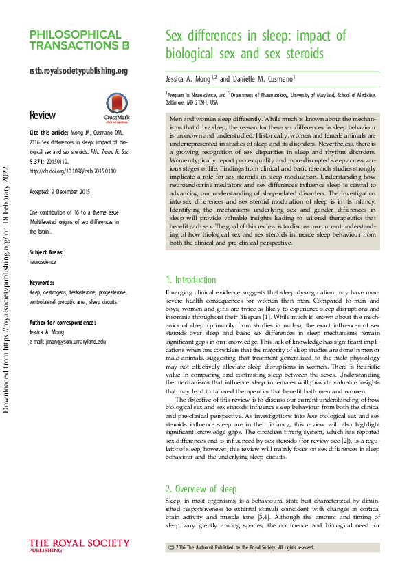 (PDF) Sex differences in sleep: impact of biological sex and sex steroids