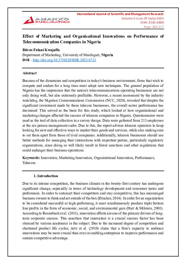 (PDF) Effect of Marketing and Organisational Innovations on Performance ...