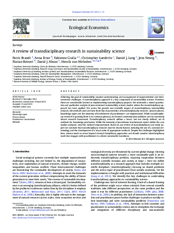 (PDF) A review of transdisciplinary research in sustainability science