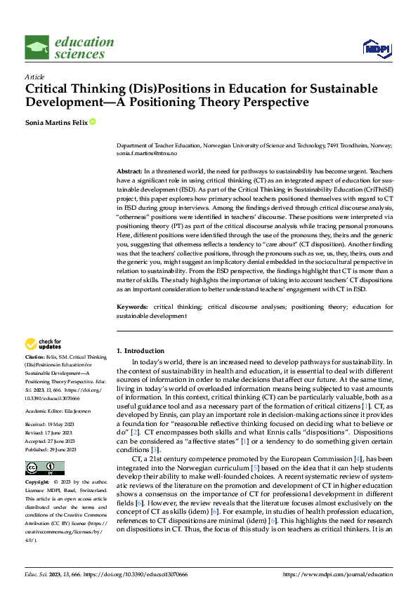 (PDF) Critical Thinking (Dis)Positions in Education for Sustainable ...