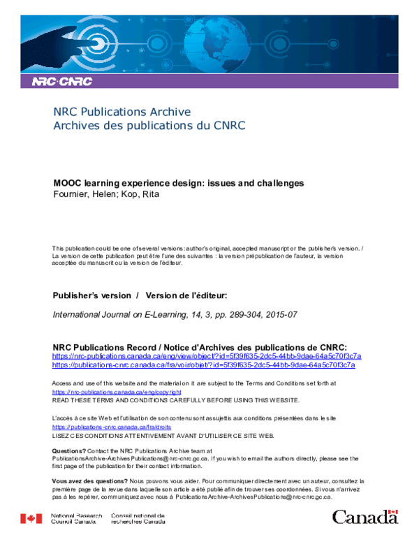 Pdf Mooc Learning Experience Design Issues And Challenges