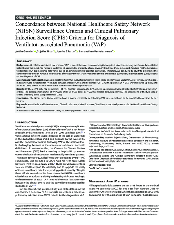 PDF) Concordance between the National Healthcare Safety Network (NHSN)  Surveillance Criteria and Clinical Pulmonary Infection Score (CPIS)  Criteria for Diagnosis of Ventilator-associated Pneumonia (VAP)