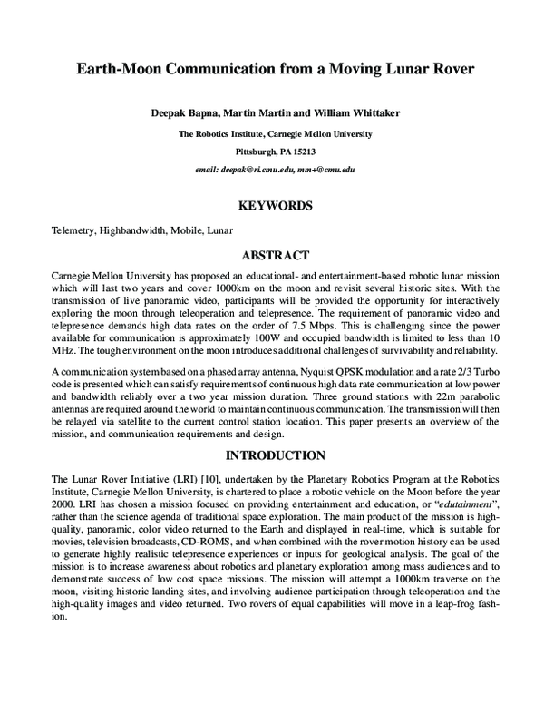 (PDF) Earth-Moon Communication from a Moving Lunar Rover