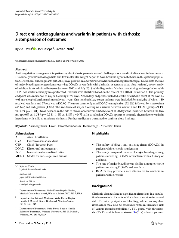 (PDF) Direct oral anticoagulants and warfarin in patients with ...