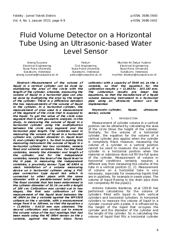 (PDF) Fluid Volume Detector on a Horizontal Tube Using an Ultrasonic ...