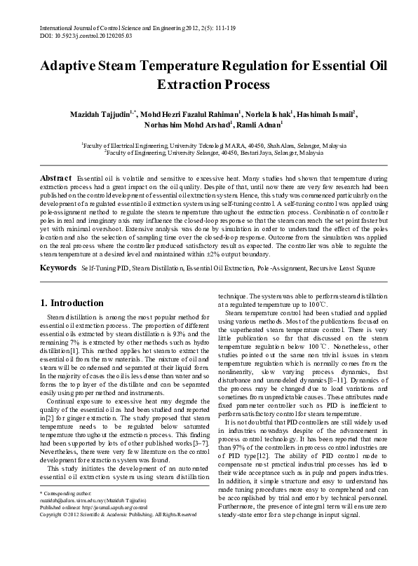 (PDF) Adaptive Steam Temperature Regulation for Essential Oil ...
