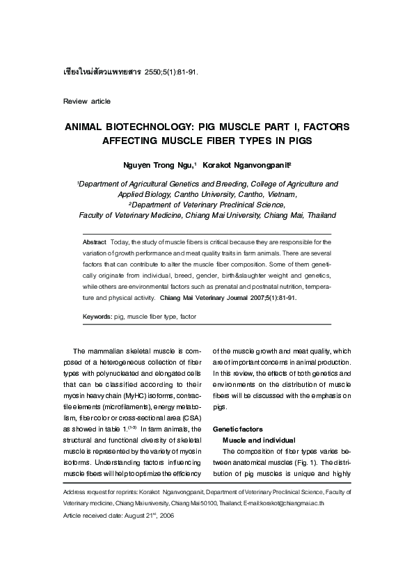 (PDF) Animal Biotechnology: Pig Muscle Part I, Factors Affecting Muscle ...