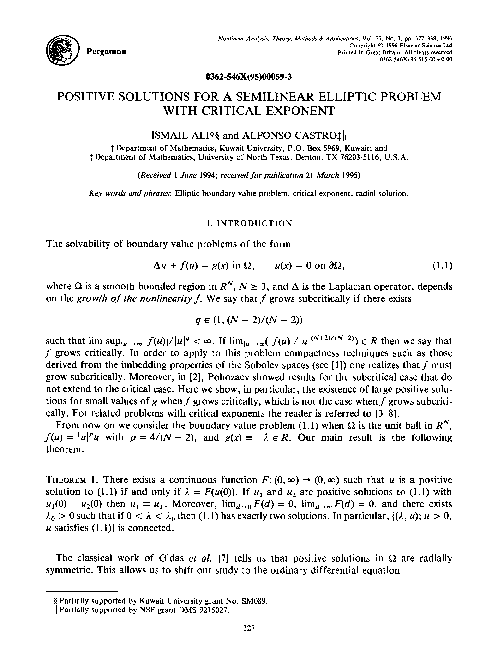 (PDF) Positive solutions for a semilinear elliptic problem with sign ...