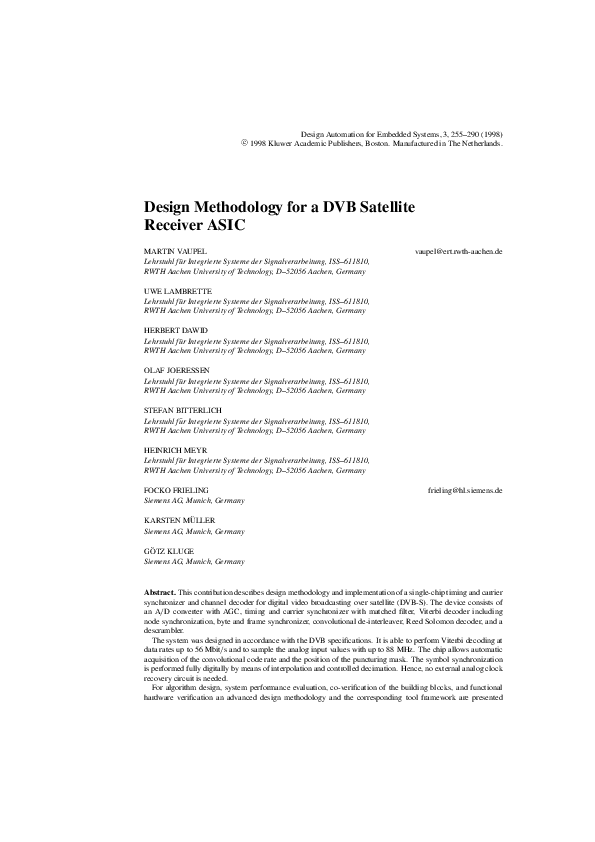 (PDF) Design Methodology for a DVB Satellite Receiver ASIC | Uwe ...