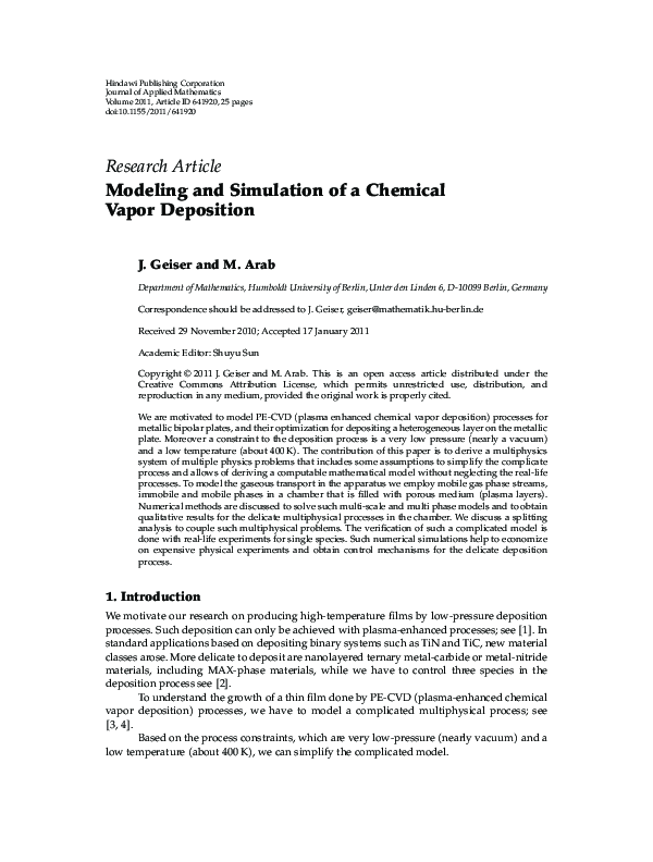 (PDF) Modeling and Simulation of a Chemical Vapor Deposition