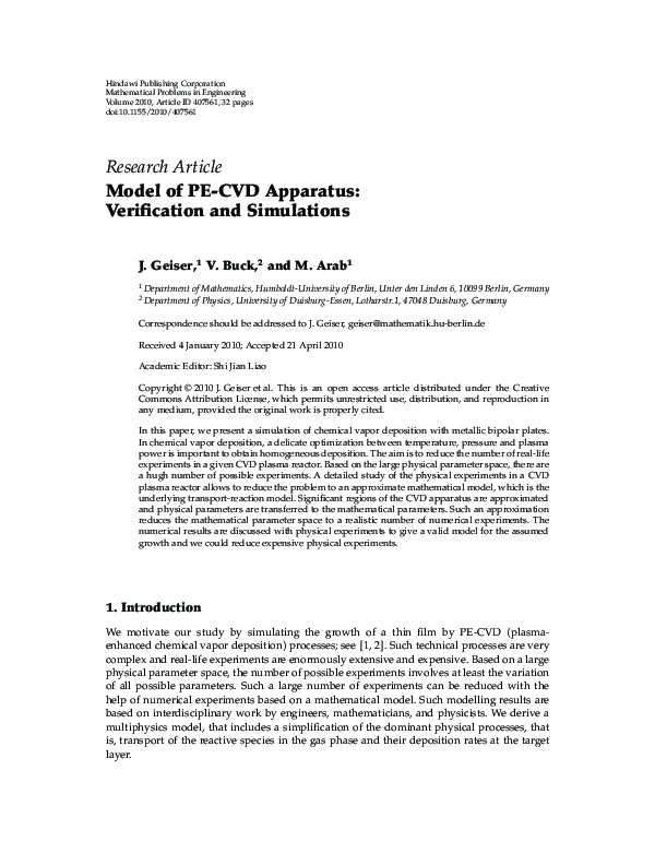(PDF) Model of PE-CVD Apparatus: Verification and Simulations