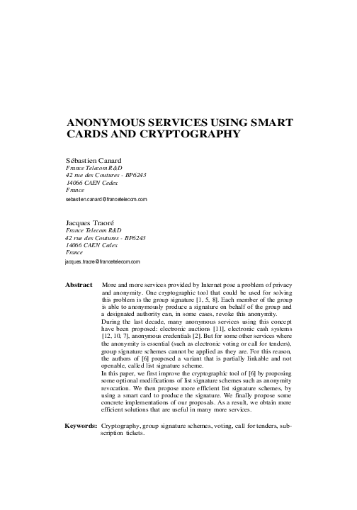 (PDF) Anonymous Services Using Smart Cards and Cryptography