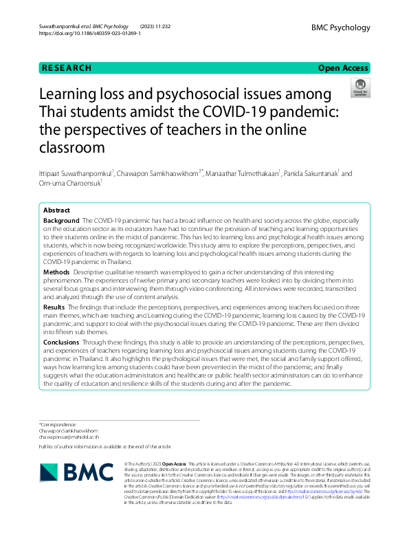 (PDF) Learning loss and psychosocial issues among Thai students amidst ...