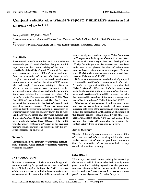 (PDF) Content validity of a trainer's report: summative assessment in ...
