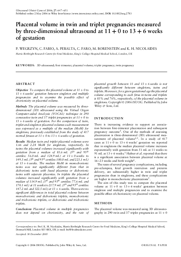 (PDF) Placental volume in twin and triplet pregnancies measured by ...