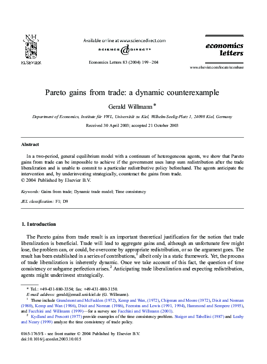 (PDF) Pareto gains from trade: a dynamic counterexample