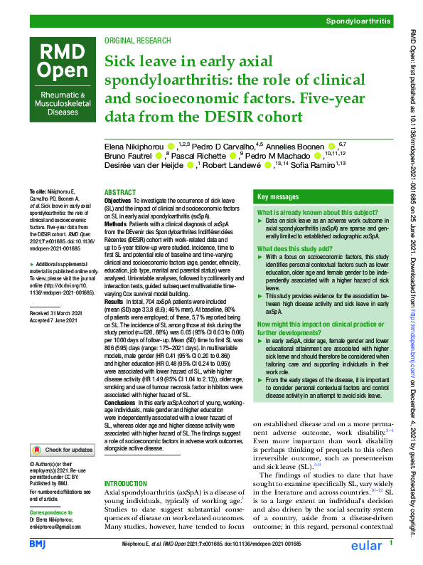 (PDF) Sick leave in early axial spondyloarthritis: the role of clinical ...