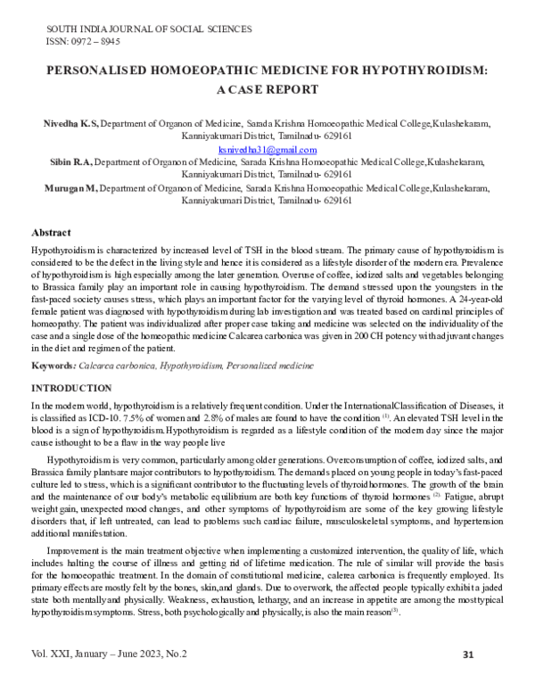 (PDF) PERSONALISED HOMOEOPATHIC MEDICINE FOR HYPOTHYROIDISM: A CASE REPORT