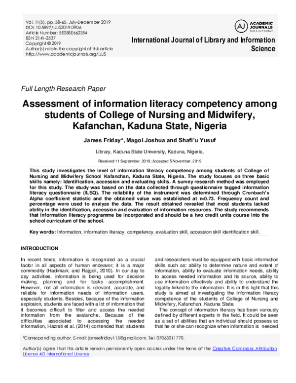 (PDF) Assessment of Information Literacy Competency of Social Science ...
