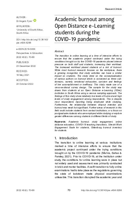 (PDF) Academic burnout among Open Distance e-Learning students during ...