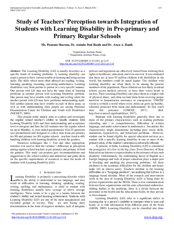 (PDF) Study of Teachers’ Perception towards Integration of Students ...