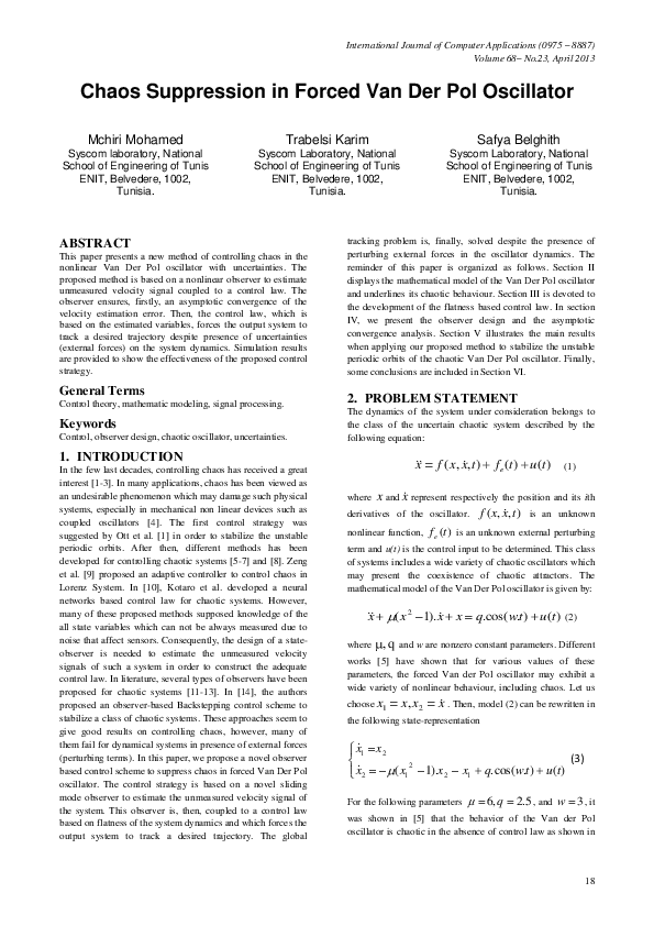 (PDF) Chaos Suppression in forced Van Der Pol Oscillator