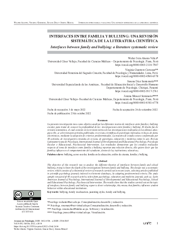 (PDF) Interfaces entre familia y bullying: una revisión sistemática de ...