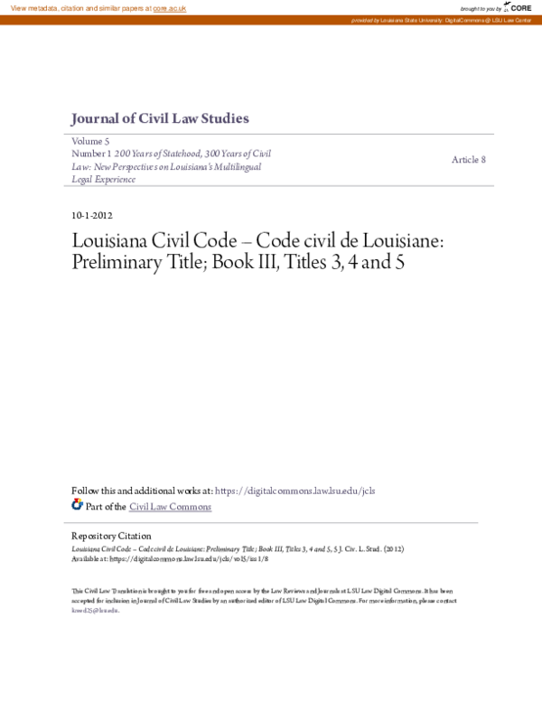 (PDF) Louisiana Civil Code – Code civil de Louisiane: Preliminary Title ...