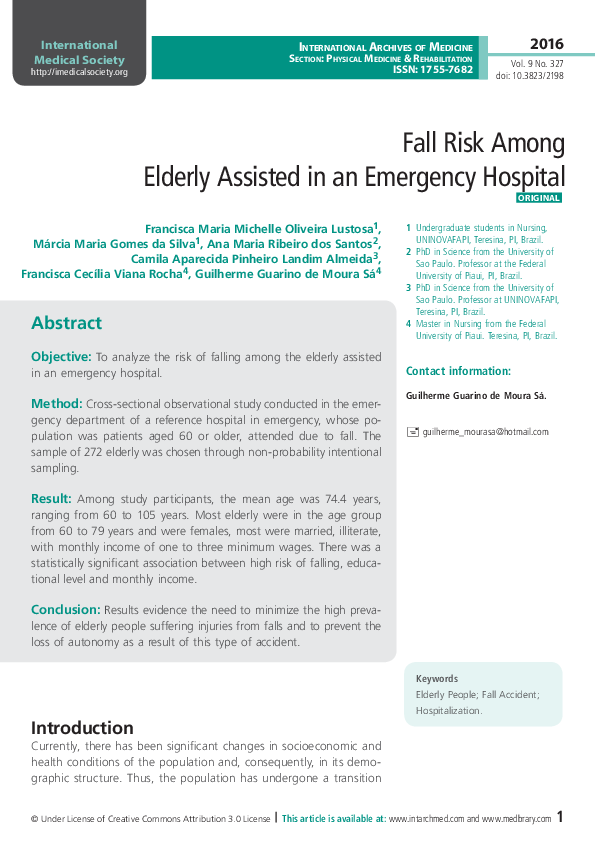 (PDF) Fall risk among elderly assisted in an emergency hospital