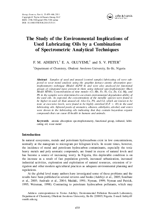(PDF) The Study of the Environmental Implications of Used Lubricating ...