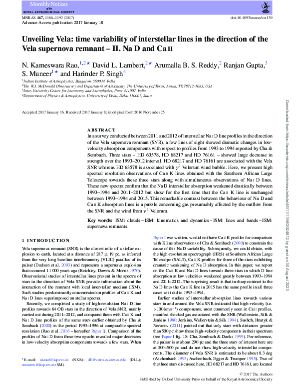 (PDF) Unveiling Vela - Time Variability of Interstellar Lines in the ...