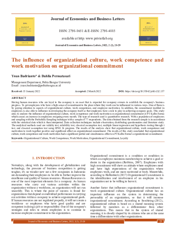(PDF) The Influence of Organizational Culture, Work Competence and Work ...