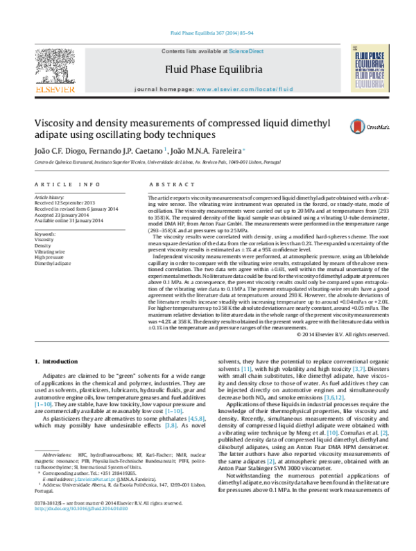 (PDF) Viscosity and density measurements of compressed liquid dimethyl ...