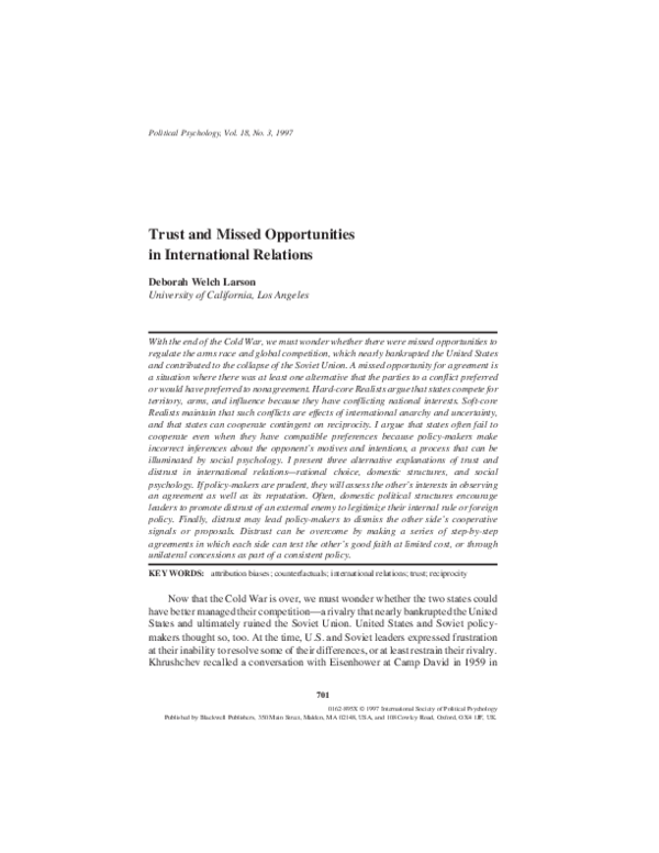 (PDF) Trust and Missed Opportunities in International Relations