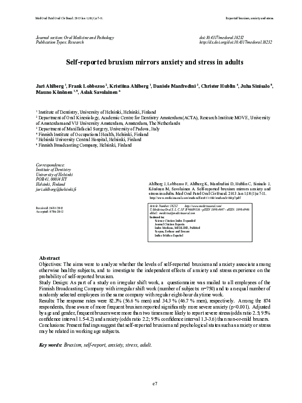 (PDF) Self-reported bruxism mirrors anxiety and stress in adults