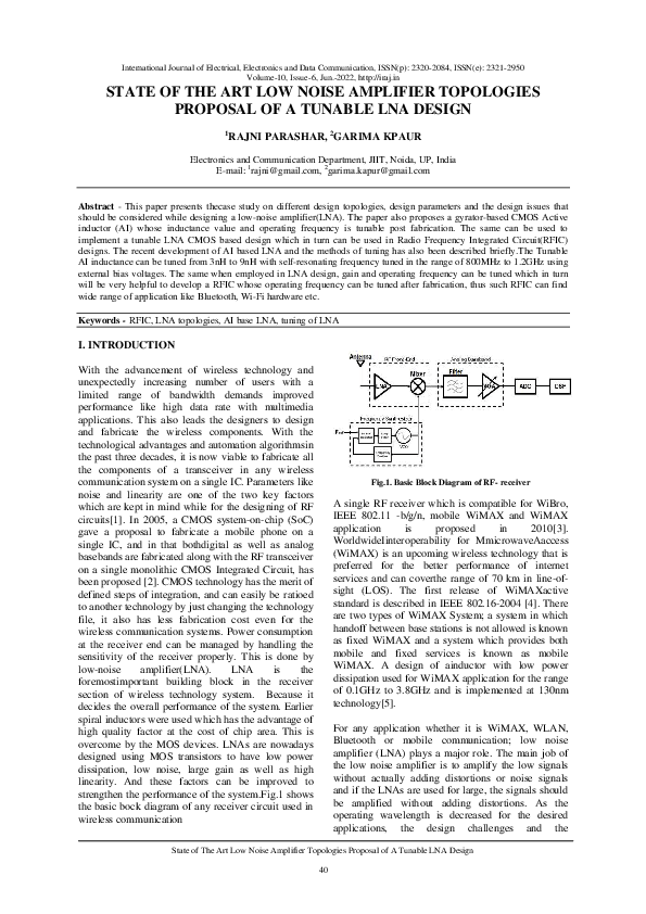 (PDF) STATE OF THE ART LOW NOISE AMPLIFIER TOPOLOGIES PROPOSAL OF A