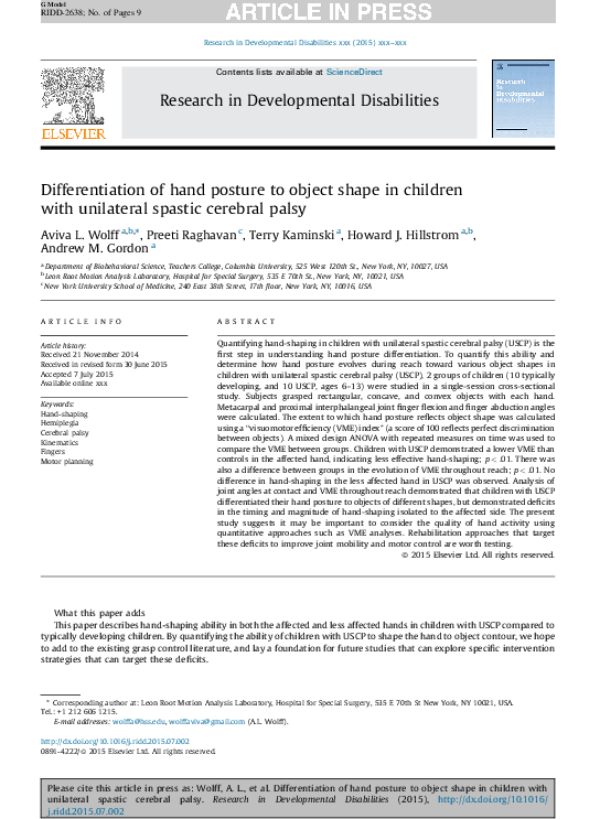 (PDF) Differentiation of hand posture to object shape in children with ...