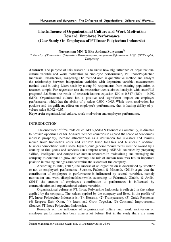 (PDF) The influence of organizational culture and work motivation ...