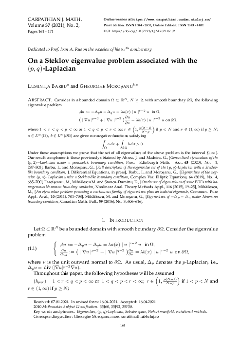 (PDF) On a Steklov eigenvalue problem associated with the (p,q)-Laplacian