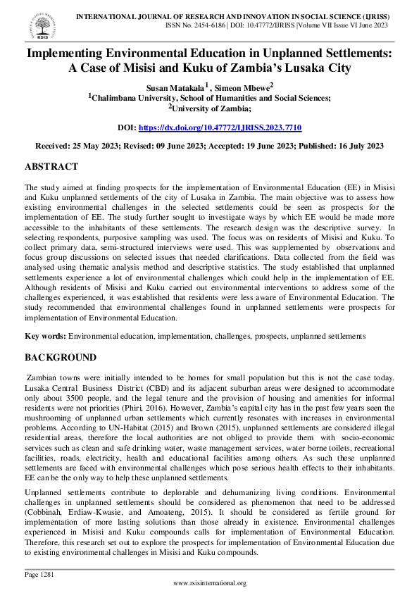 (PDF) Implementing Environmental Education in Unplanned Settlements: A ...