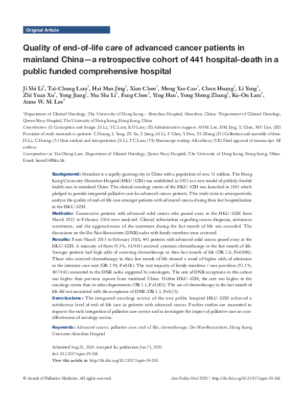 (PDF) Quality of end-of-life care of advanced cancer patients in ...