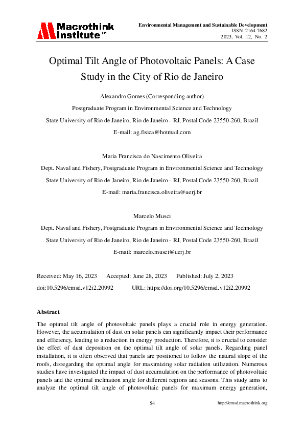 (PDF) Optimal Tilt Angle of Photovoltaic Panels: A Case Study in the ...