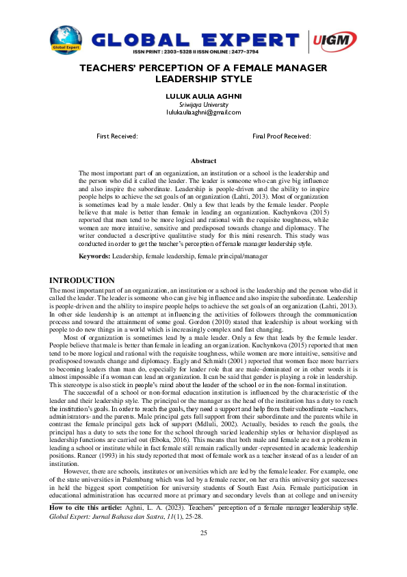 (PDF) Teachers’ Perception of a Female Manager Leadership Style