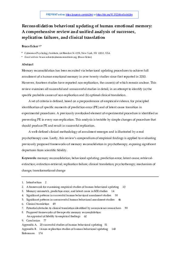 (PDF) Reconsolidation behavioral updating of human emotional memory: A ...