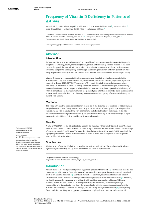 (PDF) Frequency of Vitamin D Deficiency in Patients of Asthma