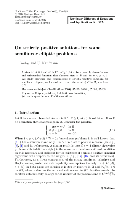 (PDF) On strictly positive solutions for some semilinear elliptic problems