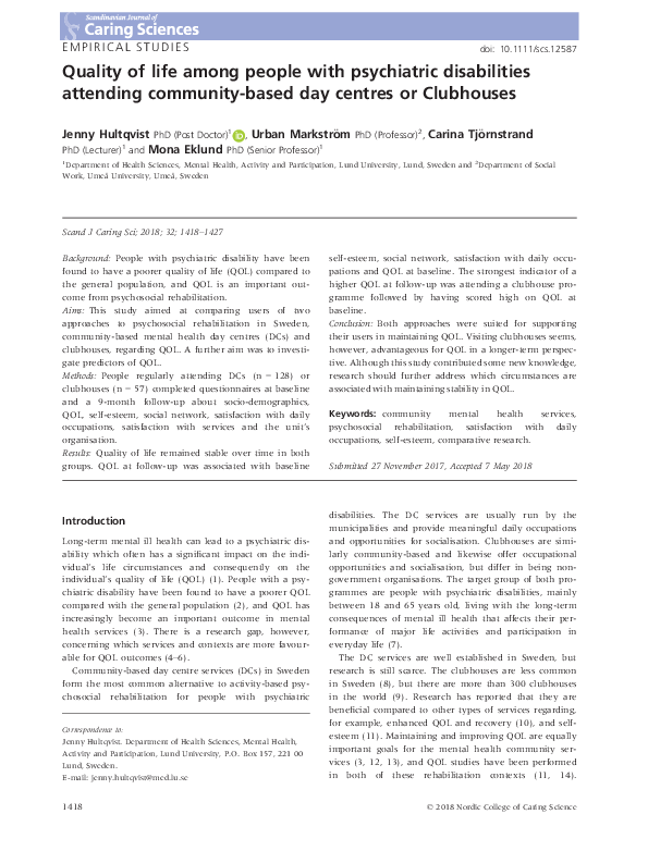 (PDF) Quality of Life Among People with Psychiatric Disabilities: Does ...