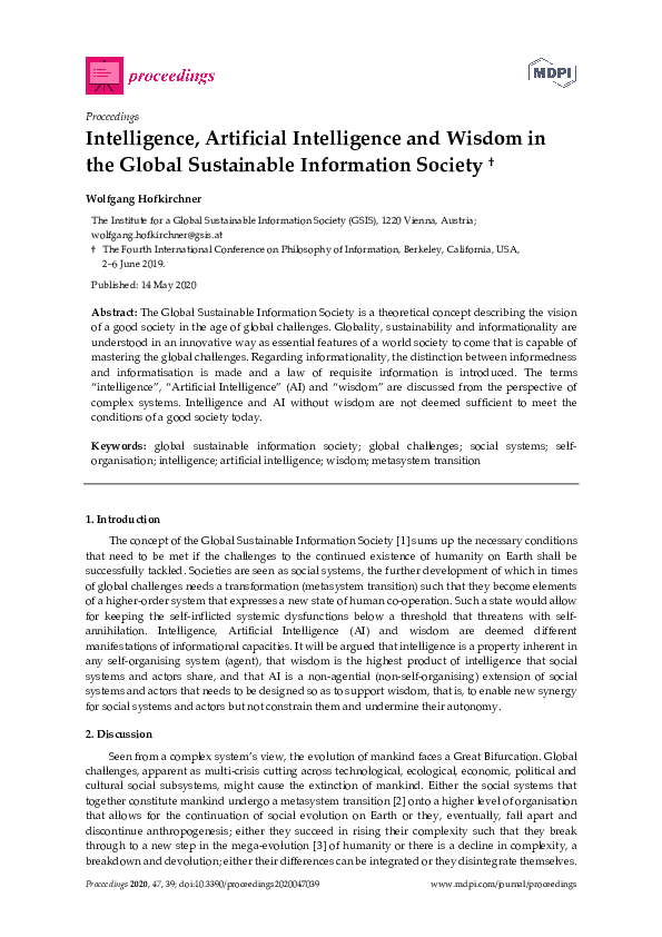 (PDF) Intelligence, Artificial Intelligence and Wisdom in the Global ...